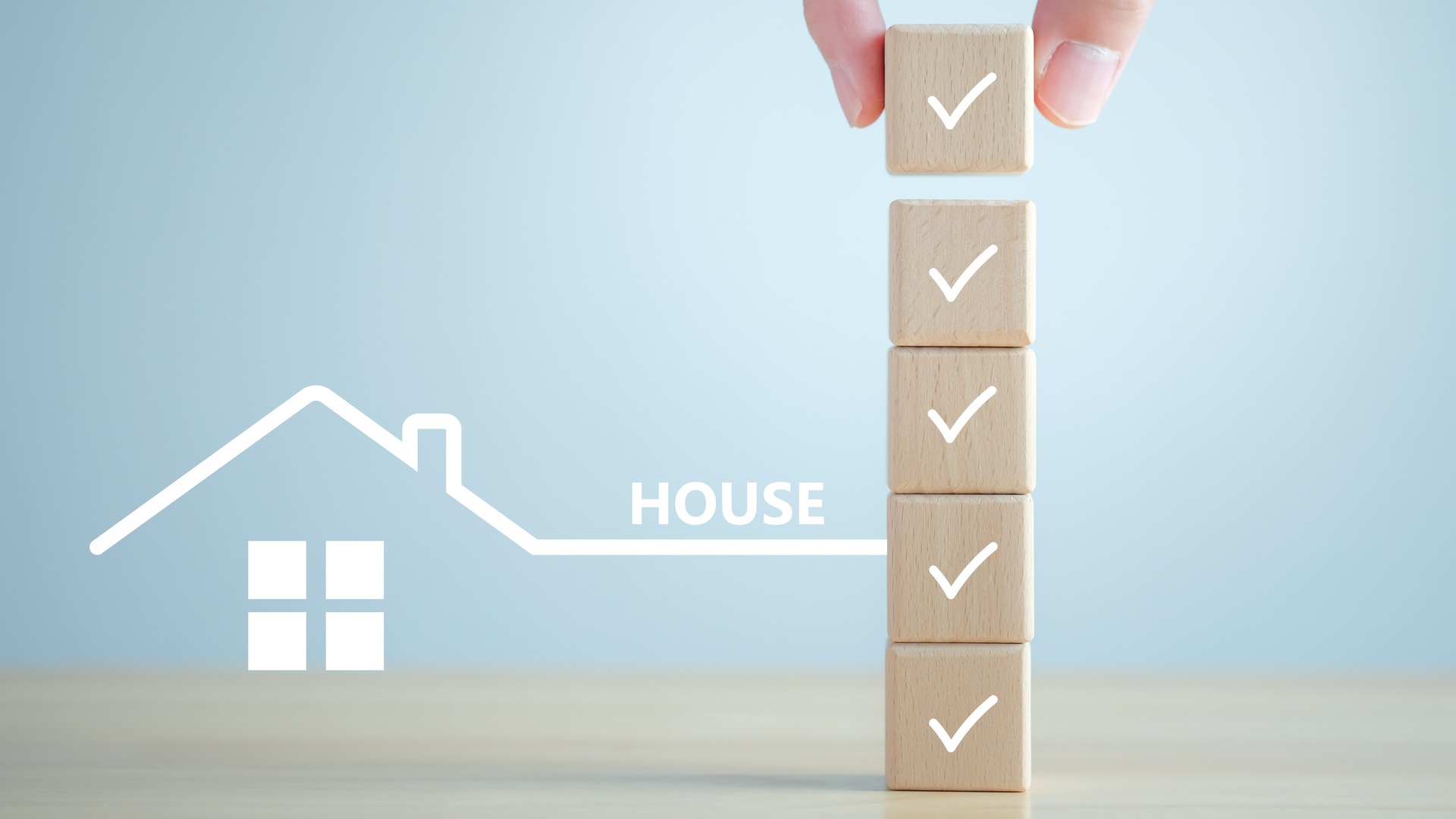Illustration of a house outline connected to a vertical checklist of wooden blocks with checkmarks on a light blue background.
