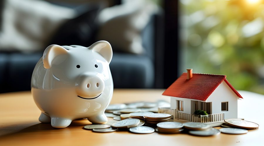 Piggy bank with coins and a miniature house on a table