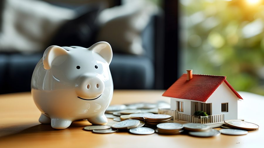 Piggy bank with coins and a miniature house on a table