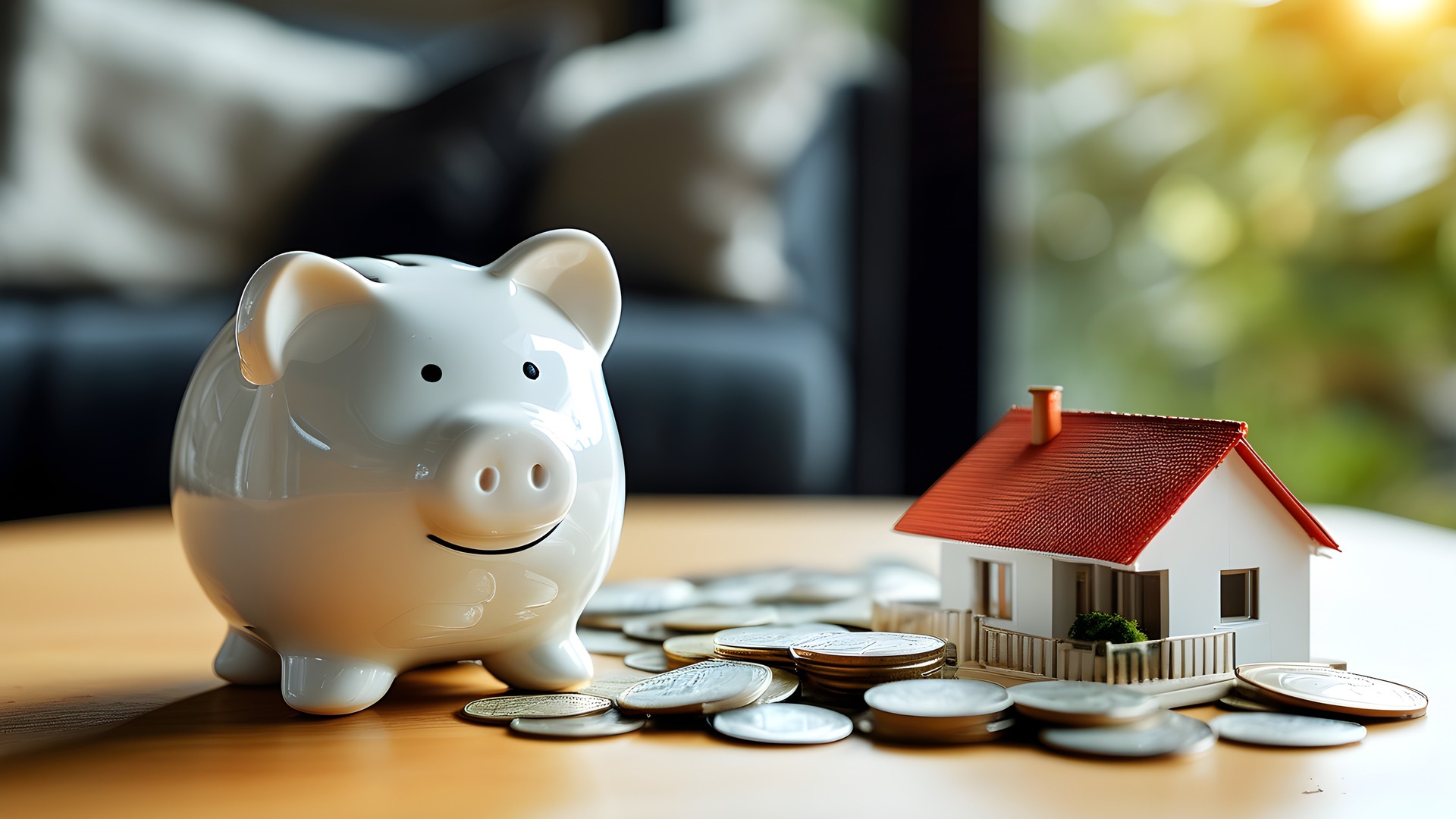 5 Tips to Save for a Down Payment on Your Home_972770059 (1920x1080) Piggy bank with coins and a miniature house on a table