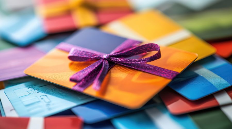 Stack of colorful gift cards, one tied with a purple ribbon—illustrating gift-card payment scams.