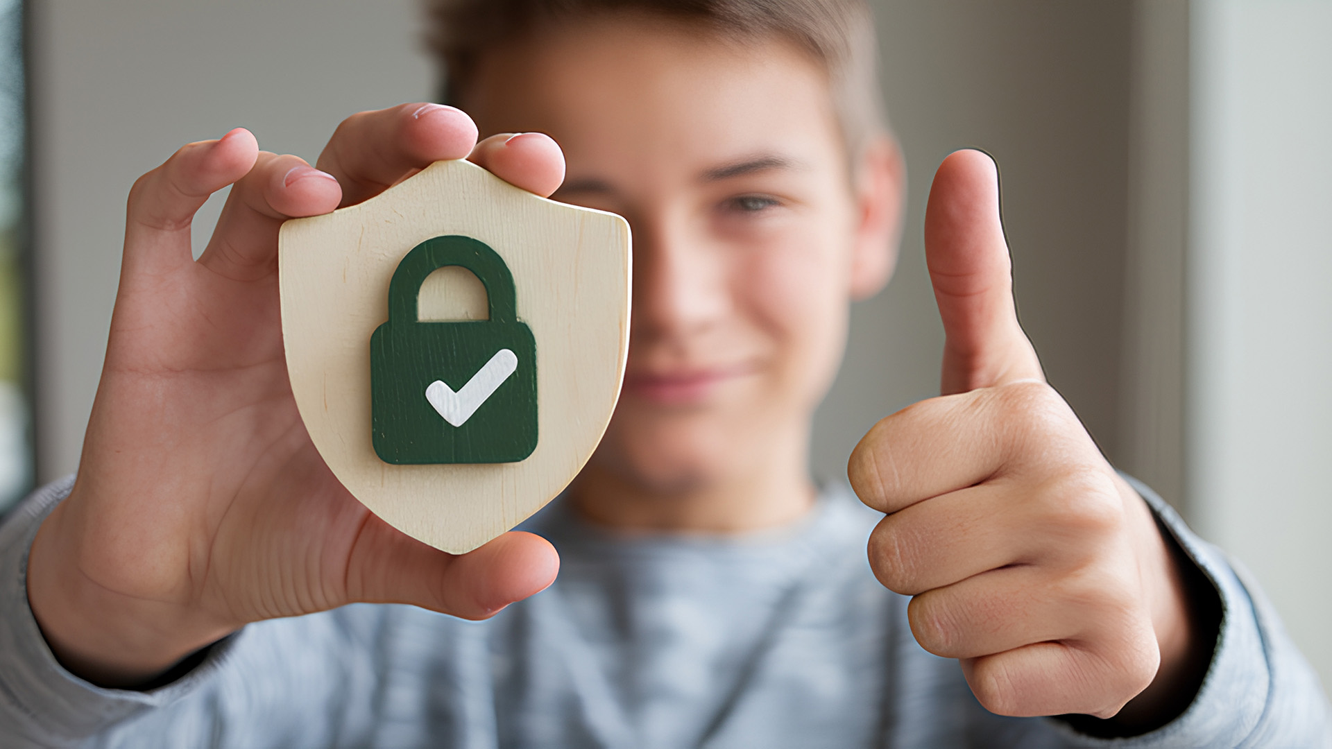 Child holding a wooden shield with a padlock and checkmark, giving a thumbs-up—online & cyber security for kids.