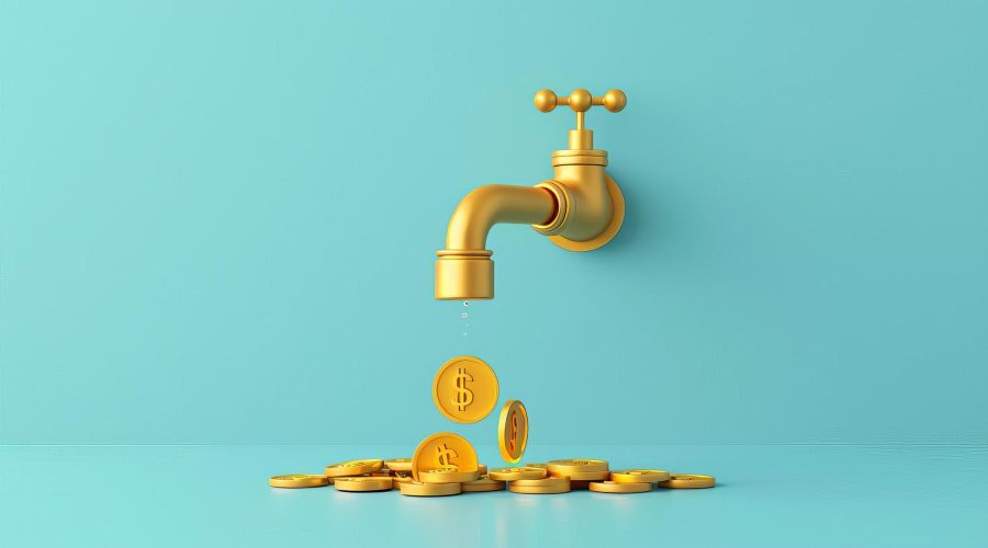 Gold coins dropping out of a golden faucet showing steady income