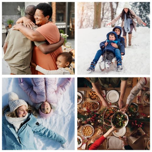 Collage of smiling people and families in the winter.