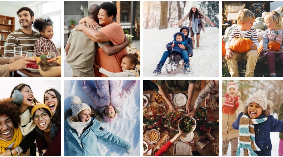 Collage of smiling people and families in the winter.
