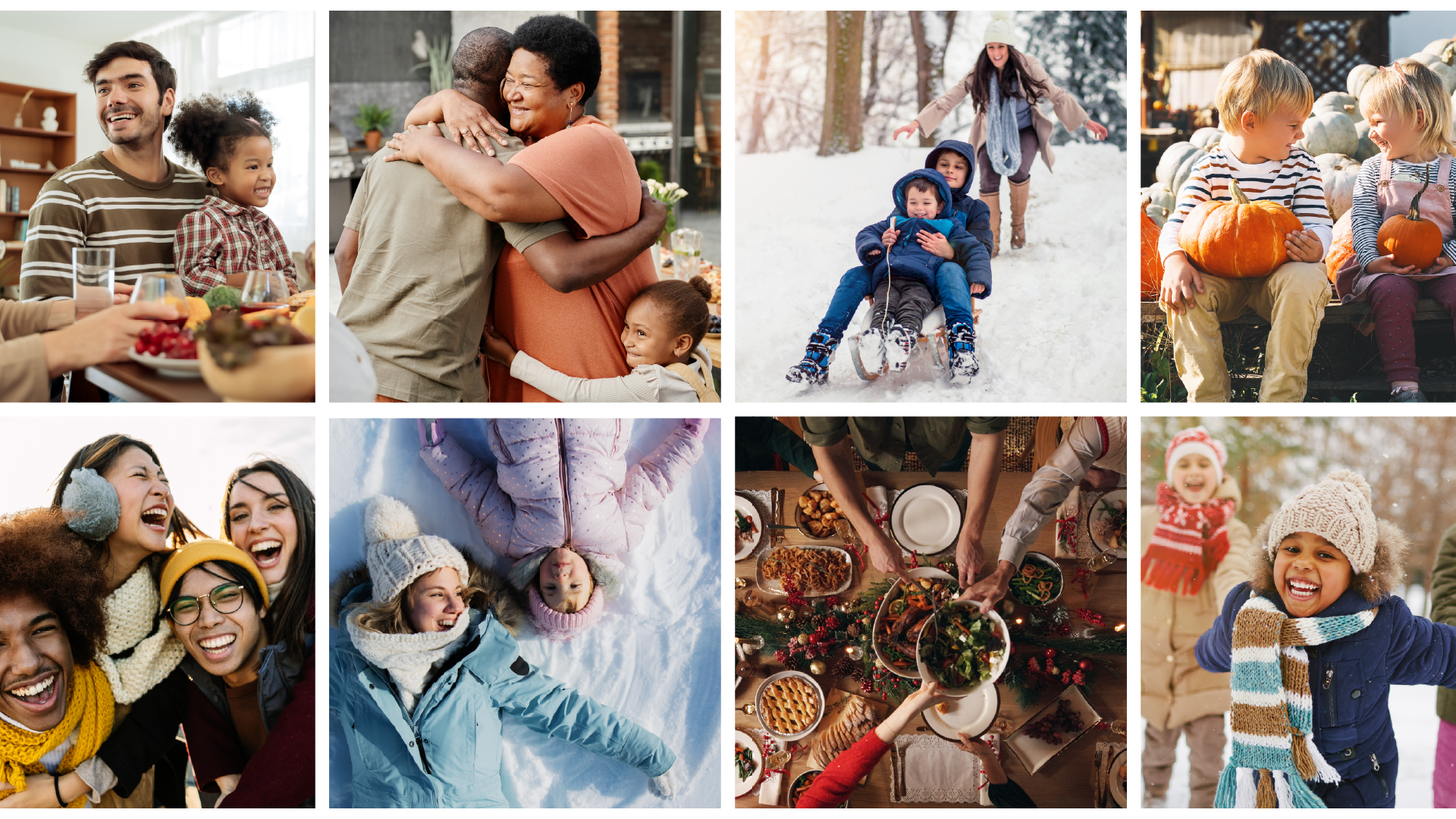 Collage of smiling people and families in the winter.